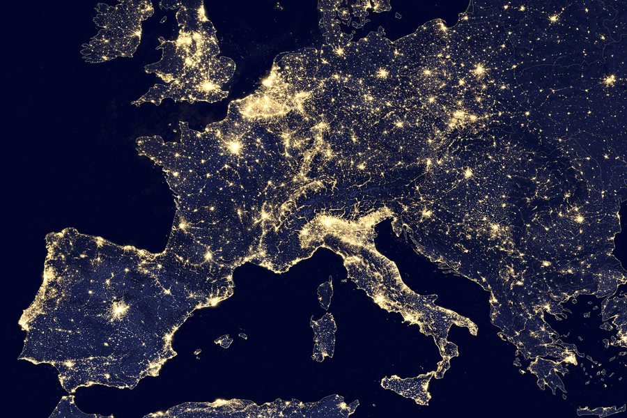 A nighttime view of Europe using the Visible Infrared Imaging Radiometer Suite in seen in a NASA handout